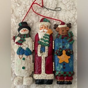 Vintage Christmas ornament- snowman, Santa & reindeer - hang or stand up, hinges
